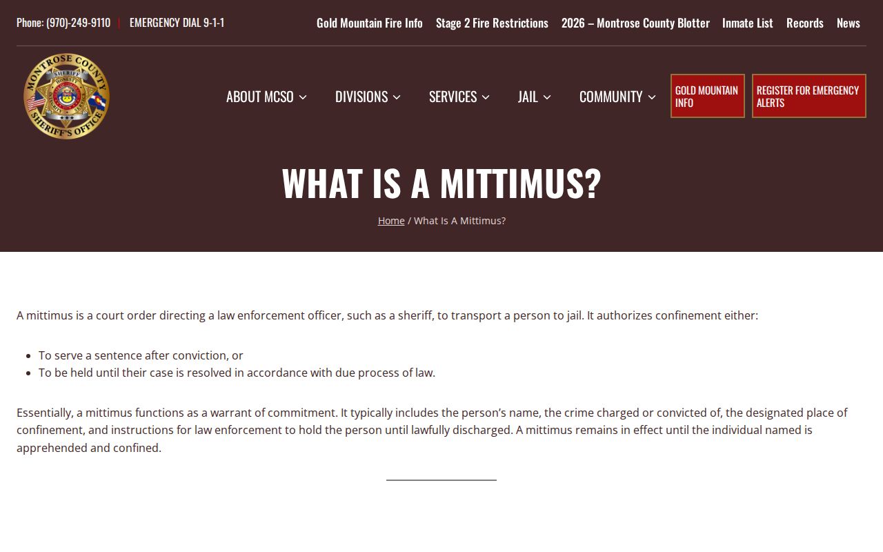 Montrose County Sheriff's Office mittimus information