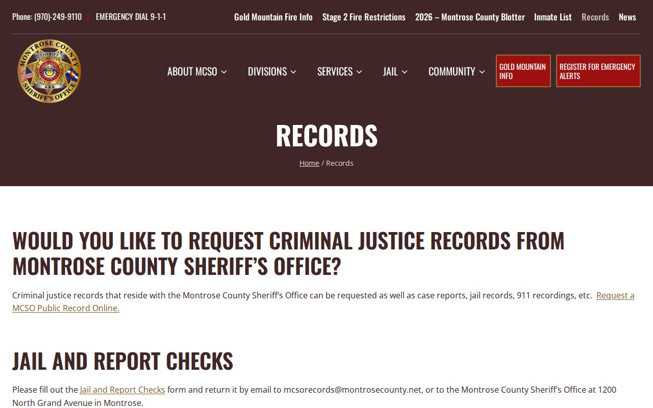Montrose County Sheriff's Office records request page