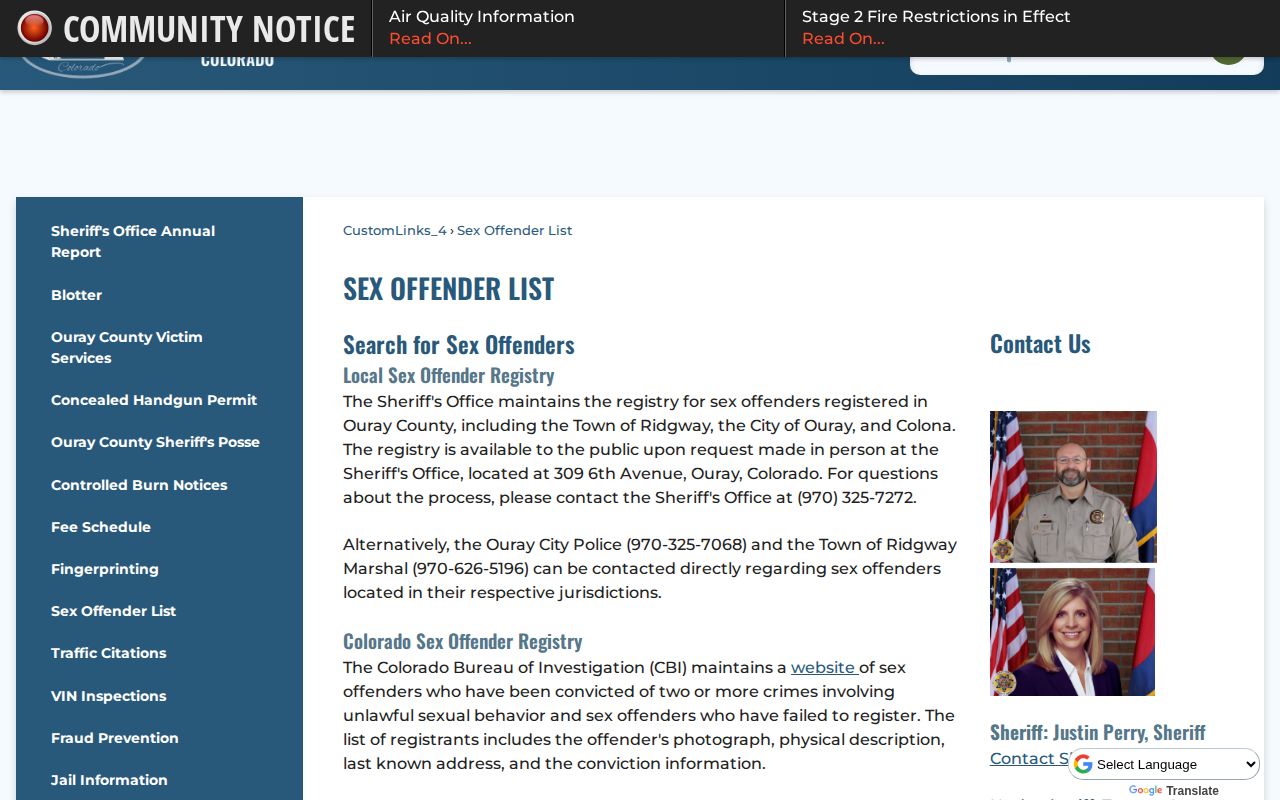 Ouray County local sex offender registry information