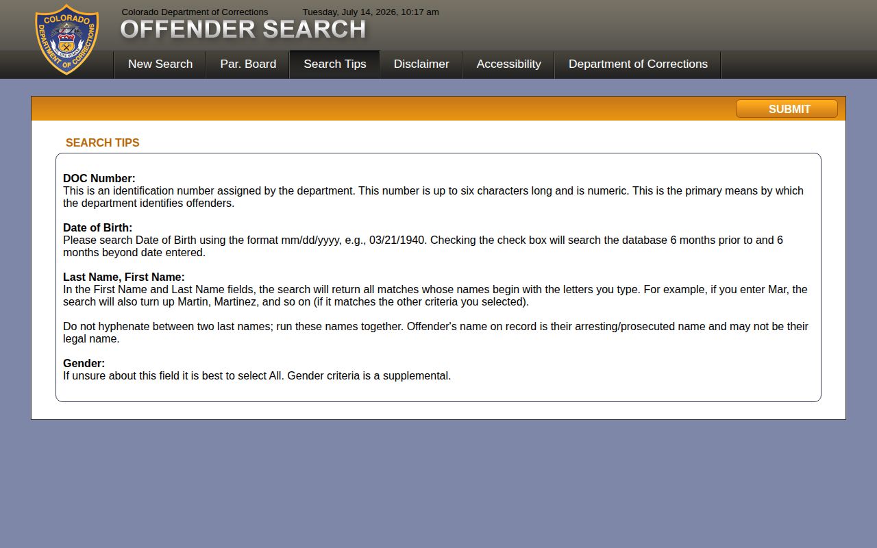 CDOC offender search tips page
