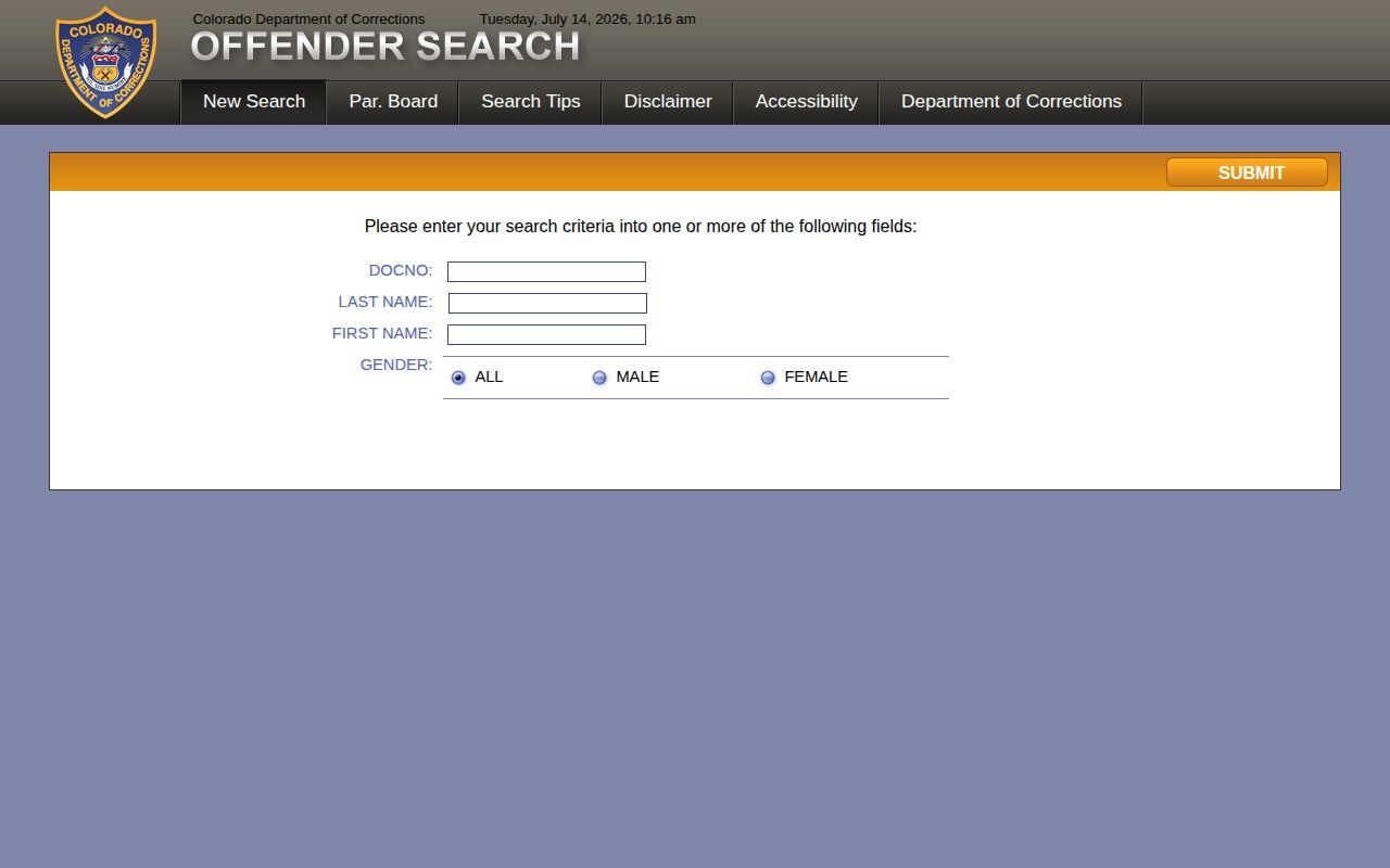 Colorado Department of Corrections offender search form